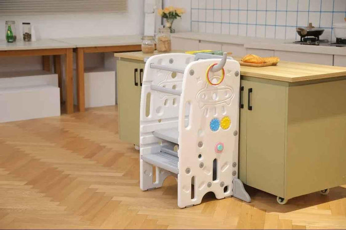 Baby Way NZ toddler learning tower with activity centre, multi-function step stool for safe, easy toddler access and play.