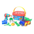 Toy building set featuring a blue power drill, red bucket, and a car assembled with clear screws and colorful parts.