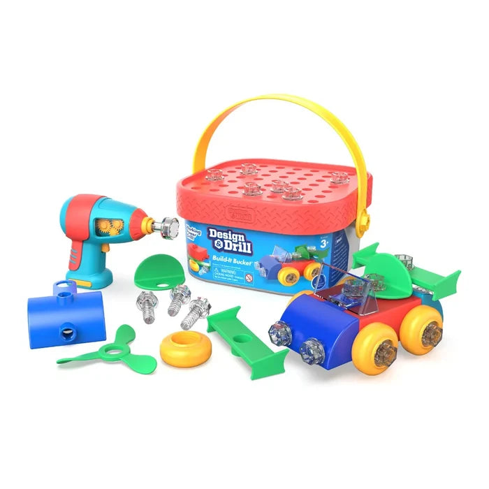 Toy building set featuring a blue power drill, red bucket, and a car assembled with clear screws and colorful parts.