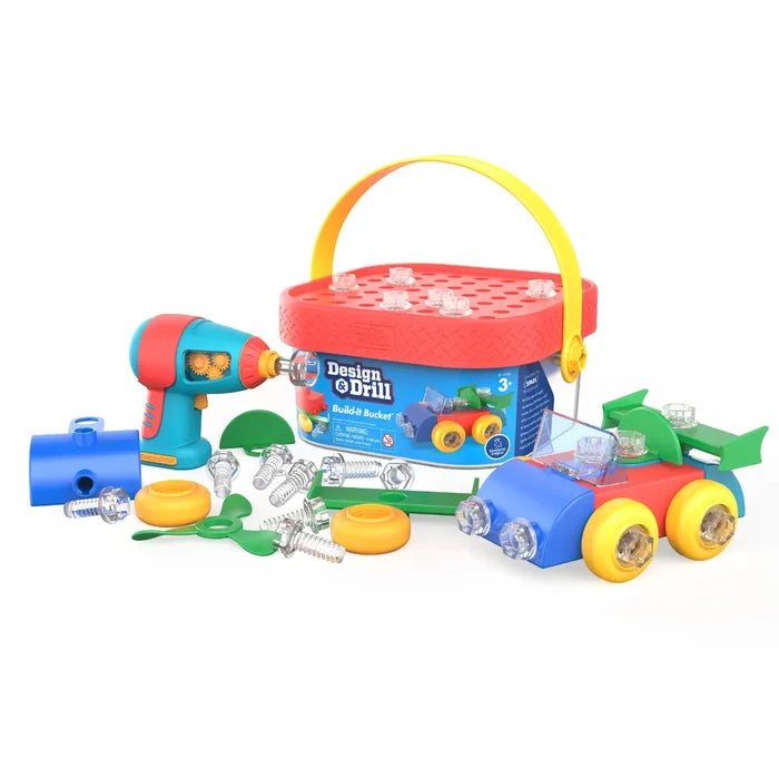 Red bucket toy set featuring a blue power drill, clear plastic bolts, and a colorful car built from plastic pieces.