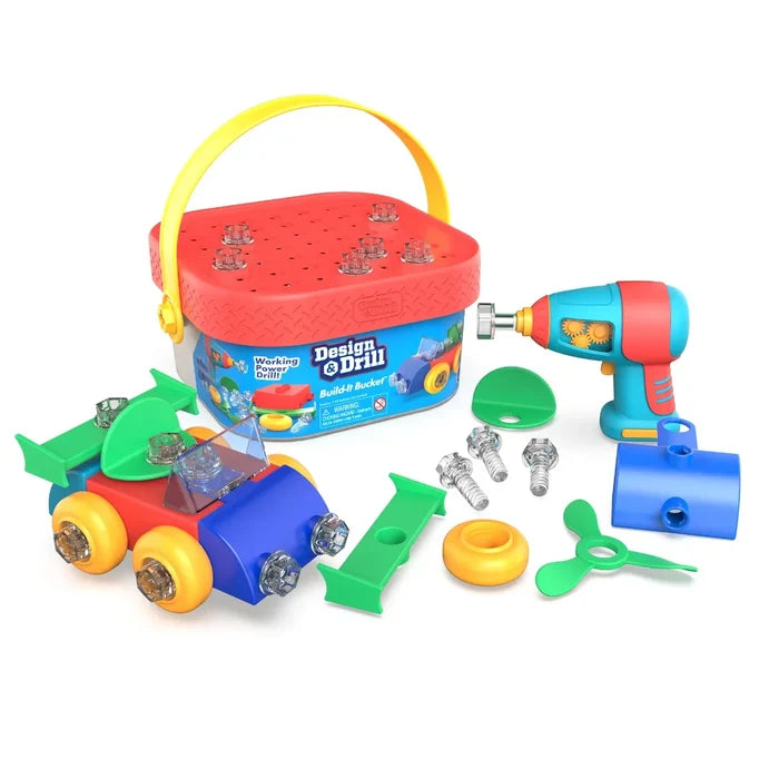 A toy building set with a red bucket, blue power drill, clear plastic bolts, and a colorful buildable car.