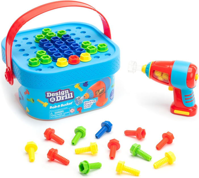 Blue bucket with red handle, colorful plastic bolts, and a red and blue toy power drill on a white background.