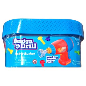 Blue plastic bucket with textured lid featuring a red and blue toy power drill and colorful bolts on the front label.