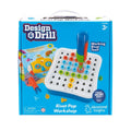 Blue toy box featuring a white pegboard with colorful rivets and a blue and green rivet tool in use.