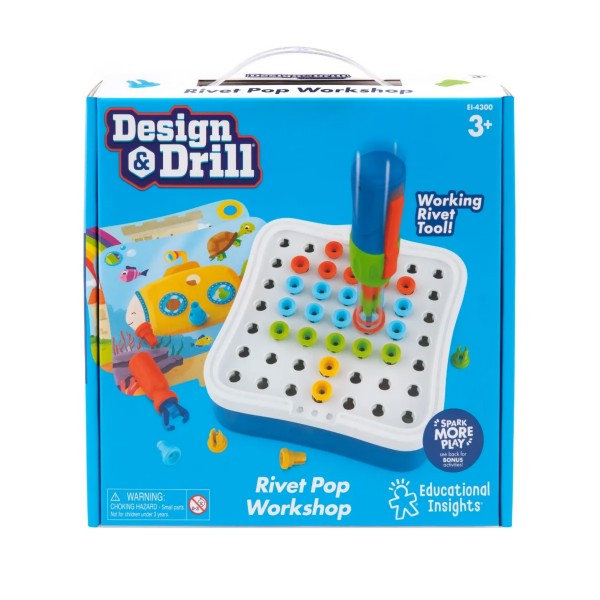 Blue toy box featuring a white pegboard with colorful rivets and a blue and green rivet tool in use.