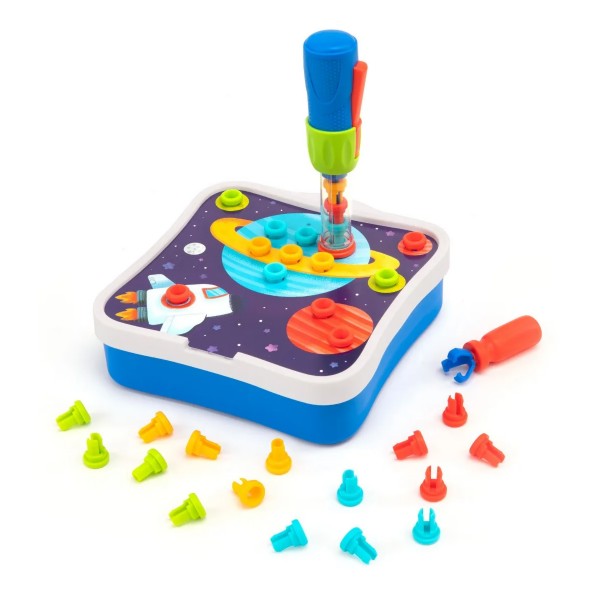 Space-themed toy workshop with a blue base, colorful plastic rivets, and a handheld tool on a white background.
