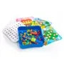 A blue container filled with colorful rivets, alongside a white pegboard and vibrant illustrated pattern cards.