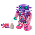 Purple and pink toy robot with sparkly panels, colorful heart and star bolts, and a manual plastic screwdriver.