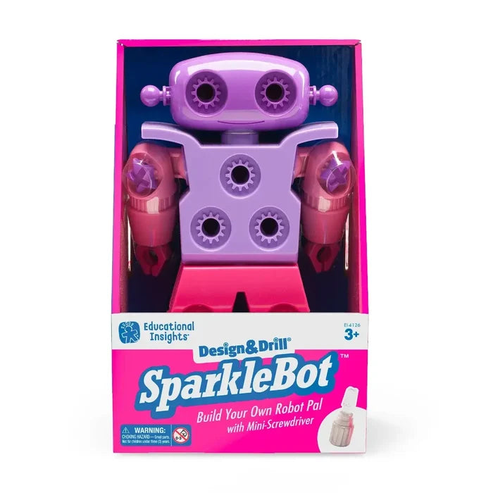 Purple and pink toy robot with gear eyes in pink Design & Drill SparkleBot box with a mini-screwdriver.