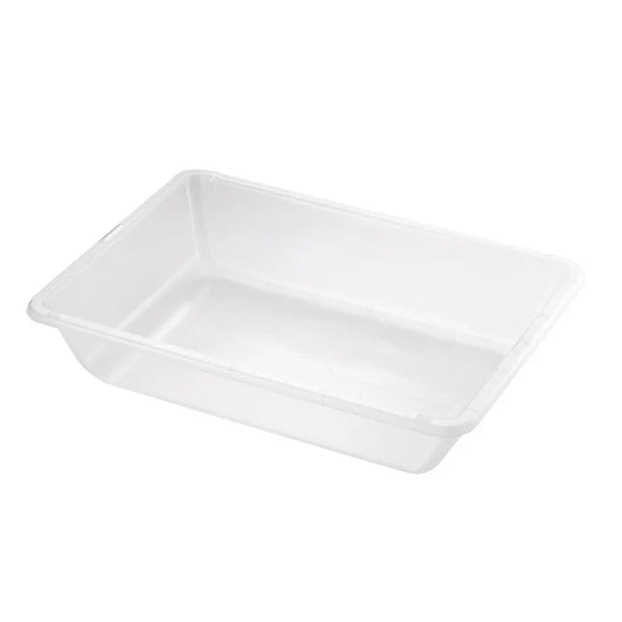 Shallow rectangular translucent plastic tray with rounded corners and measurement markings on the interior base.