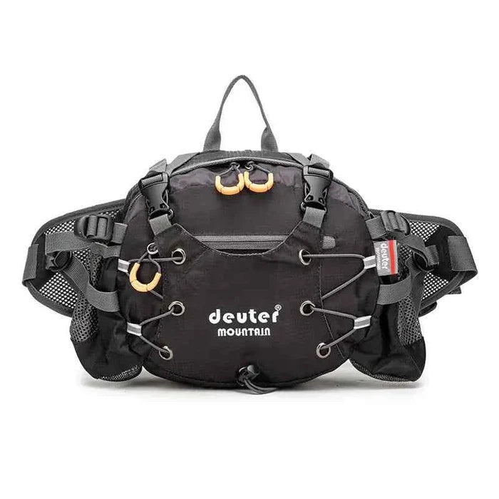 Black Deuter cycling sports waist bag with 10-inch multi-pocket design for running and outdoor activities, unisex sports accessory.