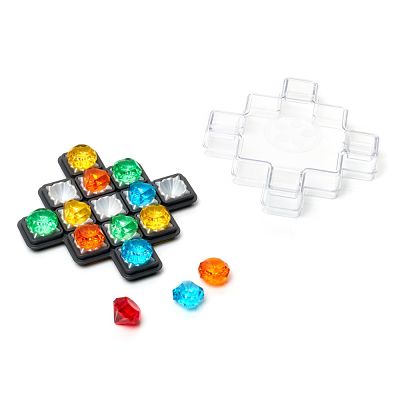 Colorful faceted gems on a black cross-shaped puzzle board with three loose pieces and a clear lid.