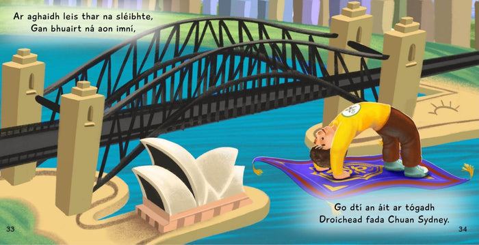 Cartoon boy in bridge yoga pose on a magic mat flying over the Sydney Harbour Bridge and Opera House.