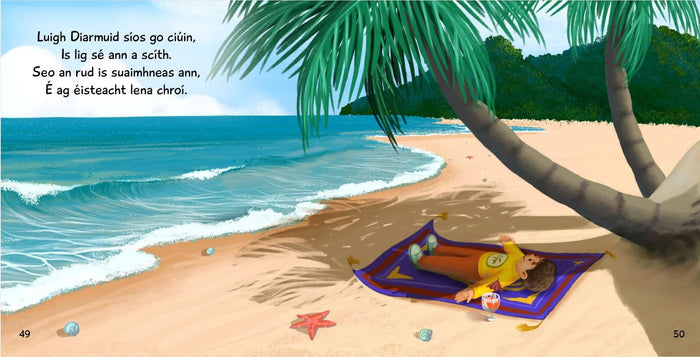 Illustration of a boy resting on a purple yoga mat on a tropical beach with palm trees and Irish text.