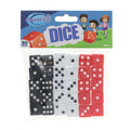 30 red, white, and black dice with dots in a clear bag with a blue header card featuring three cartoon children.