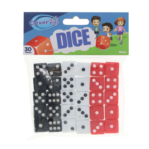 30 red, white, and black dice with dots in a clear bag with a blue header card featuring three cartoon children.