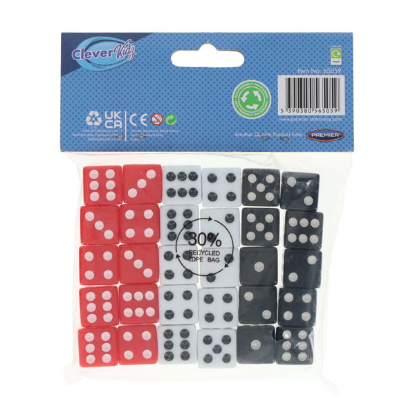 Pack of 30 red, white, and black dot dice in clear plastic packaging with a blue branded header.