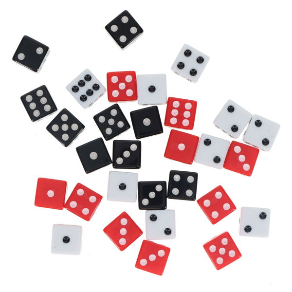 Thirty black, red, and white six-sided dice with contrasting pips scattered on a plain white background.