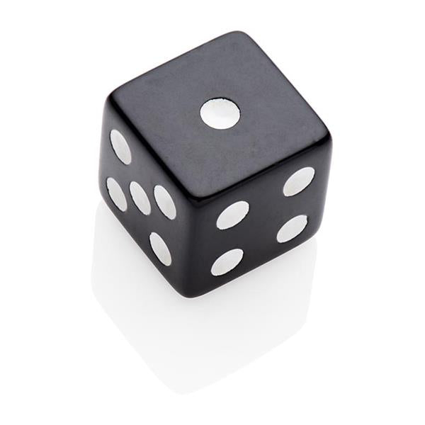 Single black six-sided die with white pips showing numbers 1, 4, and 5 on a reflective white background.