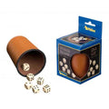 Brown leatherette dice cup with six cream dice spilling out next to its blue and gold retail packaging.