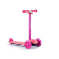 Bright pink kids' three-wheeled scooter with translucent wheels and an adjustable metallic pink handlebar.