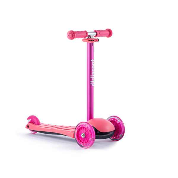 Bright pink kids' three-wheeled scooter with translucent wheels and an adjustable metallic pink handlebar.