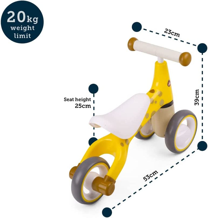 Yellow giraffe-patterned trike with white seat. Shows dimensions: 53cm long, 39cm high, and 20kg weight limit.