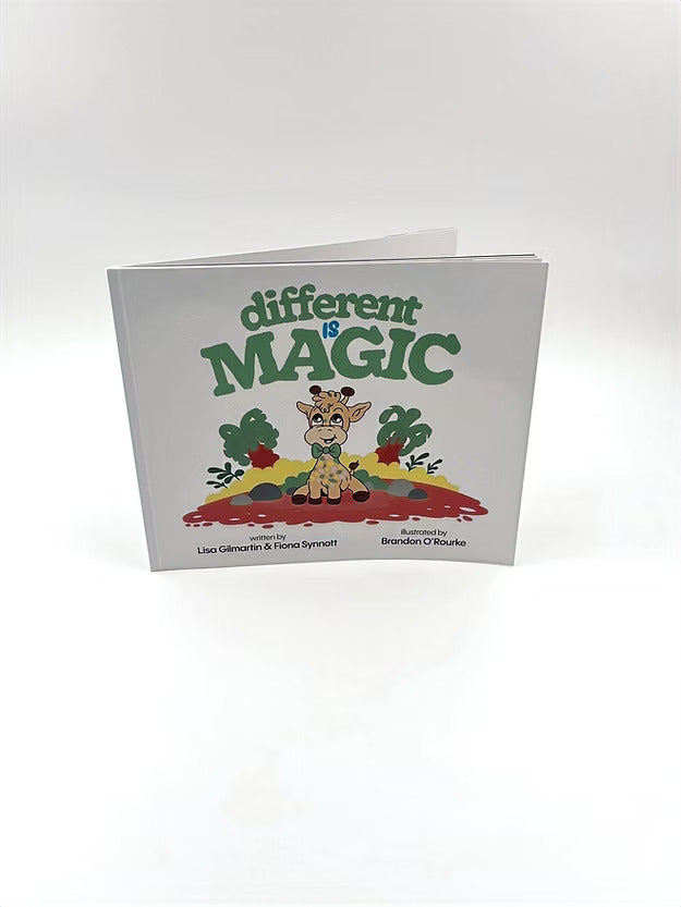 White landscape book cover with green bubble text and an illustration of a cute baby giraffe with a green bow tie.