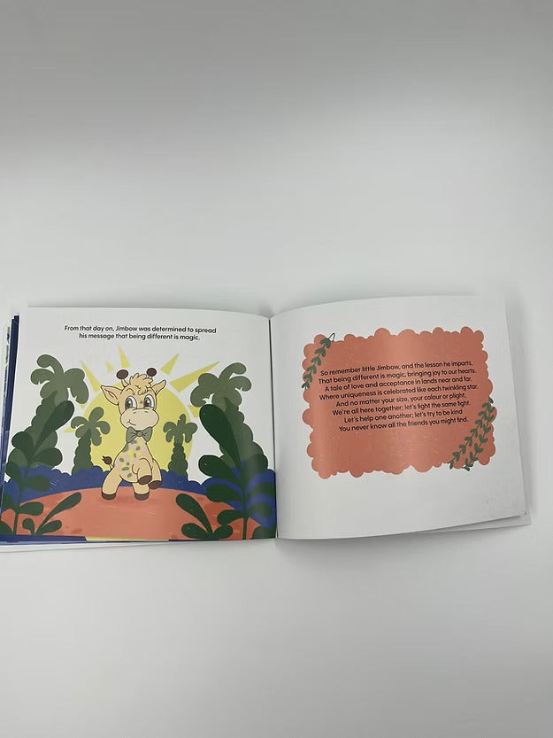 Open children's book with a cute giraffe illustration on one page and text within a scalloped orange border on the other.