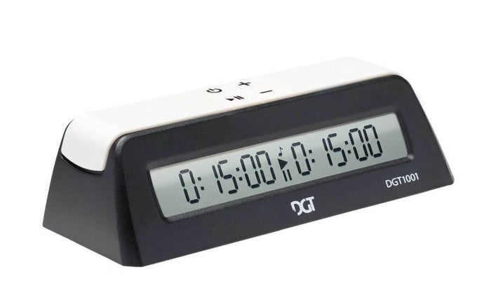 Slanted black and white digital chess clock with an LCD screen displaying two 15-minute timers and top buttons.
