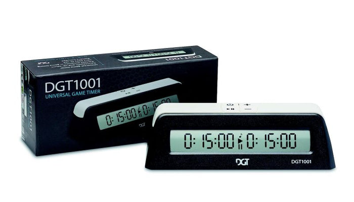 Black wedge-shaped digital game timer with dual LCD screens, shown next to its black and white retail box.