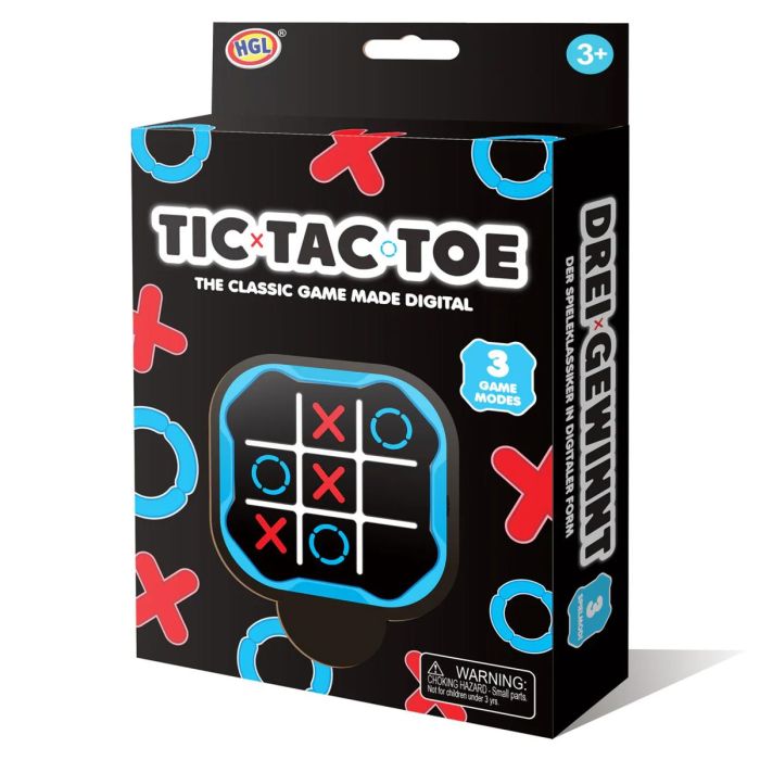 Black HGL box for a digital Tic Tac Toe game with red and blue graphics and a handheld electronic device.