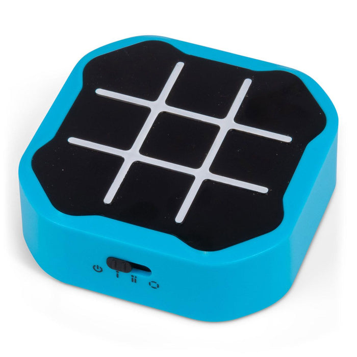 Blue square electronic game with rounded corners, a black top face with a white 3x3 grid, and a sliding side switch.