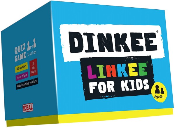 Bright blue cube box for a quiz game with bold white and black text banners, colorful lettering, and yellow Age 8+ logo.