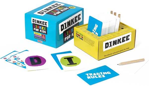Blue and yellow quiz game box with letter cards in colored circles and a small wooden pencil on a white background.
