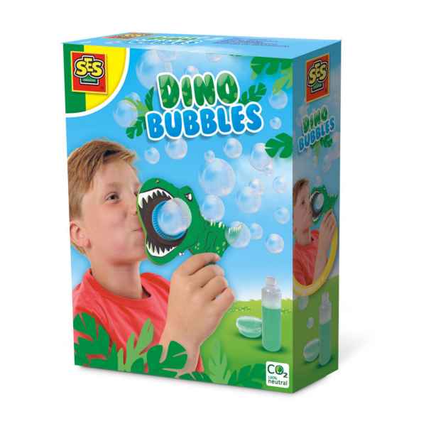 Toy box for Dino Bubbles featuring a child blowing bubbles through a green T-Rex wand and a bottle of bubble solution.