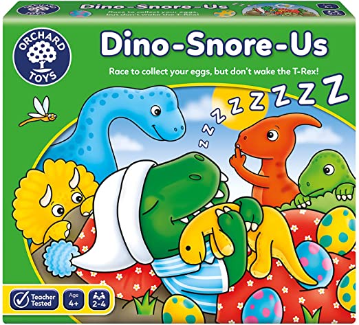 Green board game box featuring a sleeping T-Rex in a nightcap, various cartoon dinosaurs, and patterned eggs.