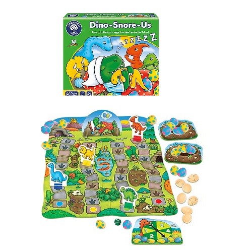 Dinosaur board game box and set with an illustrated board, colorful character pieces, egg tokens, and a spinner.