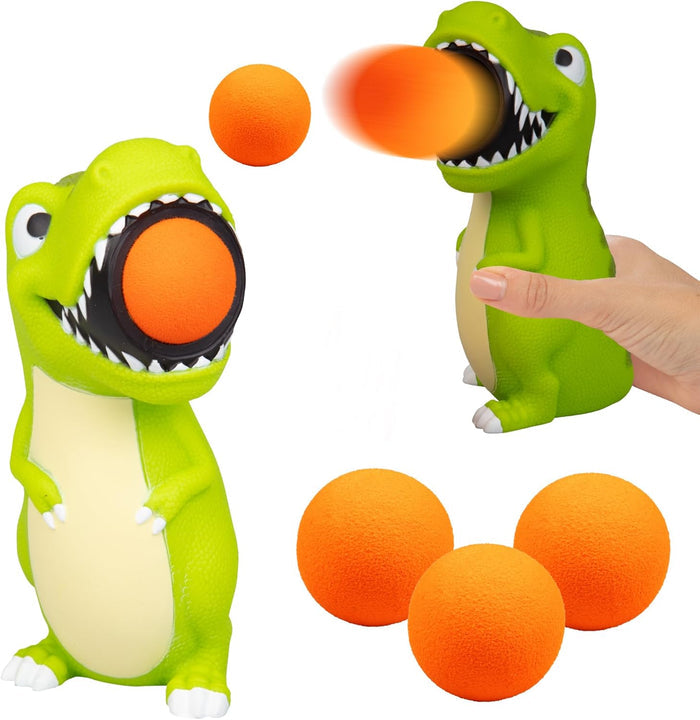 Green T-rex toy shoots orange foam balls from its mouth when squeezed. Includes extra soft foam balls.
