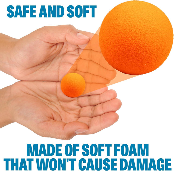 Hands holding a small orange foam ball with a zoomed-in view of its soft texture. Text: Safe and soft foam.