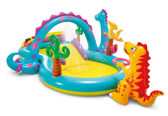 Colorful inflatable play pool featuring a yellow slide, water-spraying teal arch, and bright dinosaur figures.