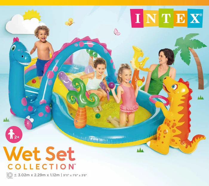 Bright blue inflatable dinosaur pool with slide, water arch, and yellow dino toy, shown with children playing.