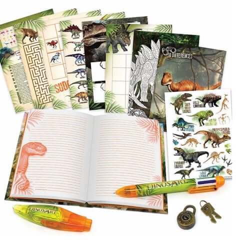 Open dinosaur secret diary set featuring activity cards, stickers, multi-color pen, marker, and a metal lock with keys.
