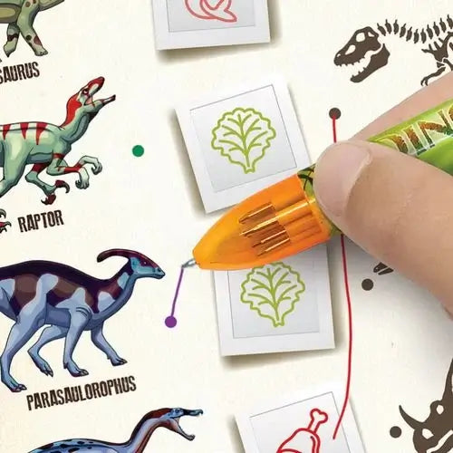 Hand holding an orange interactive pen on a dinosaur activity page with colorful illustrations and matching icons.