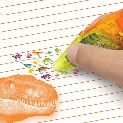 Hand using a dinosaur tape dispenser to add colorful icons to lined paper beside a large orange T-Rex graphic.