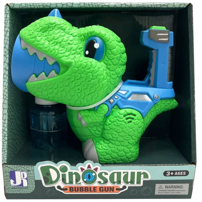 Green dinosaur-shaped bubble gun with blue accents and bubble solution bottle, shown in its retail box.