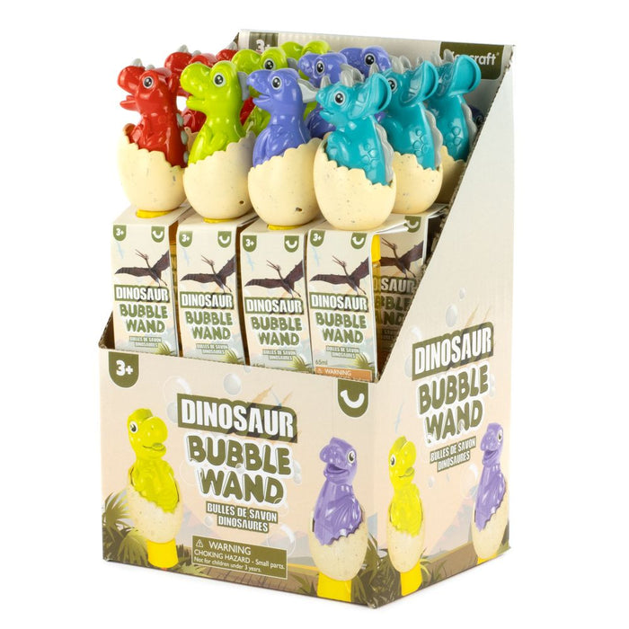 Display box of red, green, blue, and teal dinosaur toppers hatching from eggs on bubble wands.