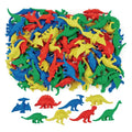 Colorful red, blue, green, and yellow plastic dinosaur counters in various prehistoric shapes and species.