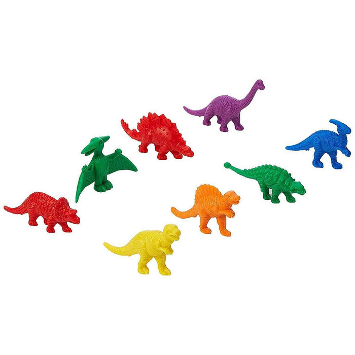 Eight colorful plastic dinosaur figurines in shades of red, orange, yellow, green, blue, and purple.