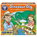 Orange Orchard Toys box for Dinosaur Dig game with kids, a large green T-Rex, and a small 3D skeleton model.